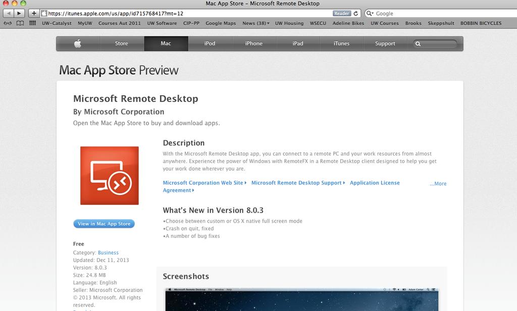 Download Microsoft Remote Desktop from Mac App Store Cut and paste this link into Safari: https://itunes.