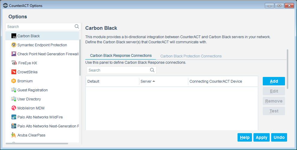 Add a Carbon Black Response Connection This section describes how to connect your CounterACT Appliance to a Carbon