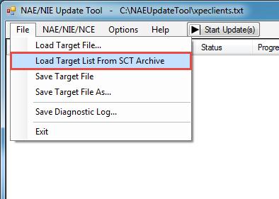 Note: An Invalid Credentials alert appears if the NAE Update Tool cannot open an SCT Archive. 2.