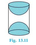 9. A wooden article was made by scooping out a hemisphere from each end of a solid cylinder, as shown in Fig. 13.11. If the height of the cylinder is 10 cm, and its base is of radius 3.