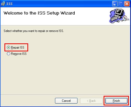 3) Enter into the ISS Setup Wizard; refer to Fig 2-8. Select Repair ISS and click "Finish" to recover software; select Remove ISS to remove software.