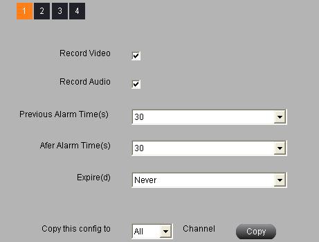 Fig 3-24 Record Video / Audio: Enable the record video and audio switch of every channel.