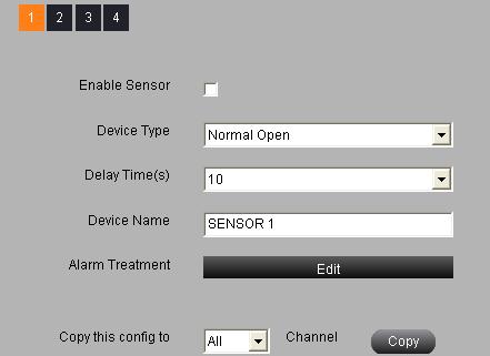 3.5.5 Alarm Configuration Alarm configuration includes five submenus: sensor, motion, video loss, other alarm and alarm out. 3.5.5.1 Sensor Enter into Config Remote Config Alarm Sensor; refer to Fig 3-31: The number key at the top left shows the channel number; it is related to the device model.