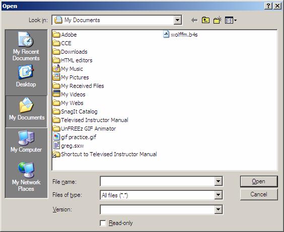 Opening a File 1. Select the File menu, Open from the Menu Bar, OR 2. Click the Open File icon on the toolbar. 3. An Open File Dialog box will appear as shown below.