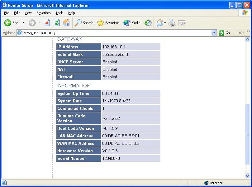 INFORMATION: Displays the number of connected clients, as well as the Broadband Router's hardware and