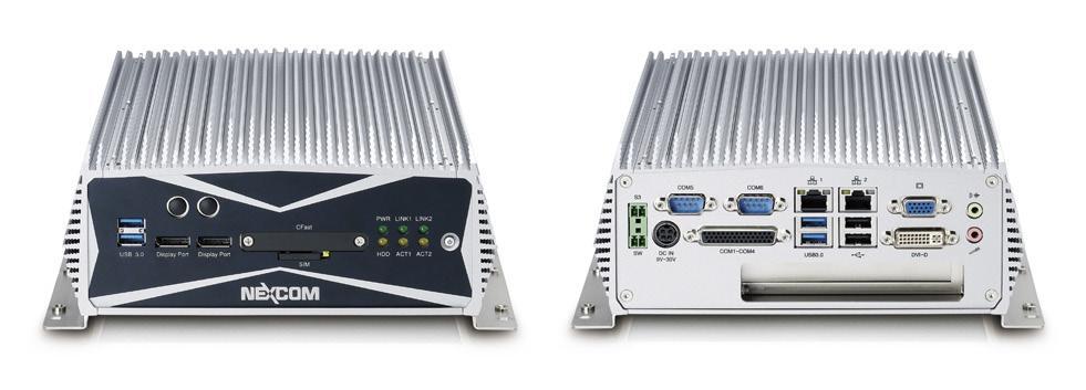 Figure 2. The NEXCOM NISE 3600E includes two DisplayPort interfaces on the front panel (left photo) and DVI-D and VGA interfaces on the rear (right photo).