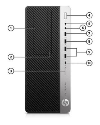 Overview HP EliteDesk 800 G4 Tower Business PC 1. 5.25-inch Half-Height Drive Bay (behind bezel) 1. Audio-out jack for powered audio devices 2. Slim optical drive (optional) 2.