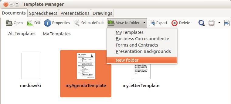Figure 11: Creating a new folder Deleting a template folder You cannot delete template folders supplied with LibreOffice.