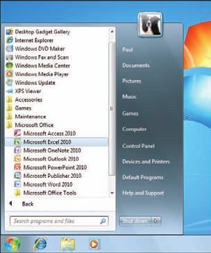 The Microsoft Office menu appears. 4 Click Microsoft Excel 2010. 4 The Microsoft Excel window appears on the desktop.