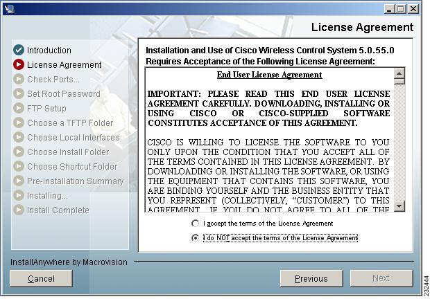Installing WCS for Windows Figure 2-1 License Agreement Window Step 3 If the install wizard detects a previous version of WCS, you see a window similar to Figure 2-2 or