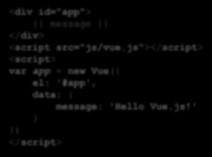 Basics Getting Started Initialization of Vue.js 1. Define DOM-Area 2. Load Vue.js 3. Initialize Vue.js <div id="app"> {{ message }} </div> <script src="js/vue.