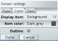 Screen settings - Color This dialog lets you define the color for various displayed items. Display item: Select the item whose color you want to change.
