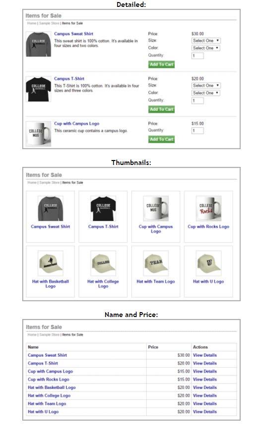 Categories Examples of category layouts/views Detailed Layout. The shopper sees product thumbnail images, short descriptions, names, and prices.