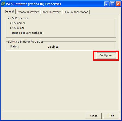 4 Click the Properties link in the Details pane. The iscsi Initiator Properties dialog box appears. 5 Enable the adapter and assign the adapter an alias. Click Configure.