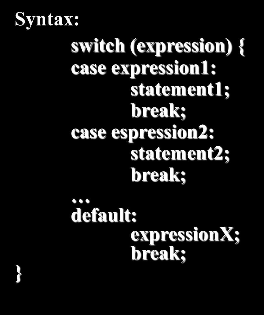 switch and break The structure is similar to multiple selection (flowchart) Syntax: switch switch (expression) (expression) { { case expression1: