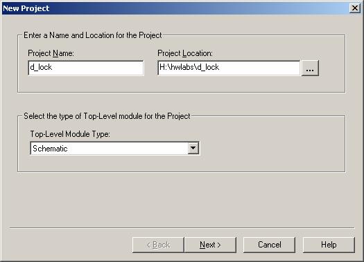 2. A new dialog box will appear, please enter the following information as shown in the figure: a. Project Name: d_lock b. Project Location: H:\hwlabs\d_lock c.