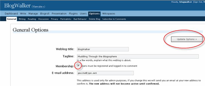 Limiting Comments to Edublog Community Members If you wish to limit posting only to members you have added to your Edublog community, go to your Options menu > General.