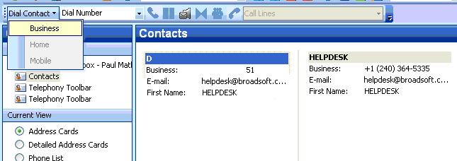 3.2.4 Dial from Contact List With Telephony Toolbar you can dial the home, business, or mobile number of any contact directly within Outlook. 1) Click Contact in the folder list.