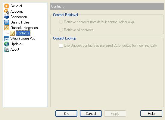4.5.1 Contacts The Contacts page allows you to configure the way Telephony Toolbar integrates with your Outlook contact list.