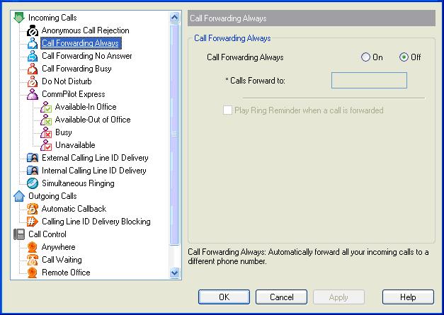 5.1.2 Call Forwarding Always The Call Forwarding Always service forwards all incoming calls to a specified phone number.