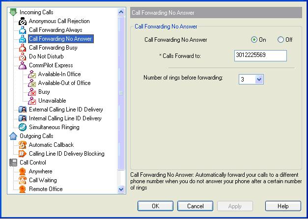 5.1.3 Call Forwarding No Answer The Call Forwarding No Answer service forwards all incoming calls to a specified phone number if you do not answer within a specified number of rings.