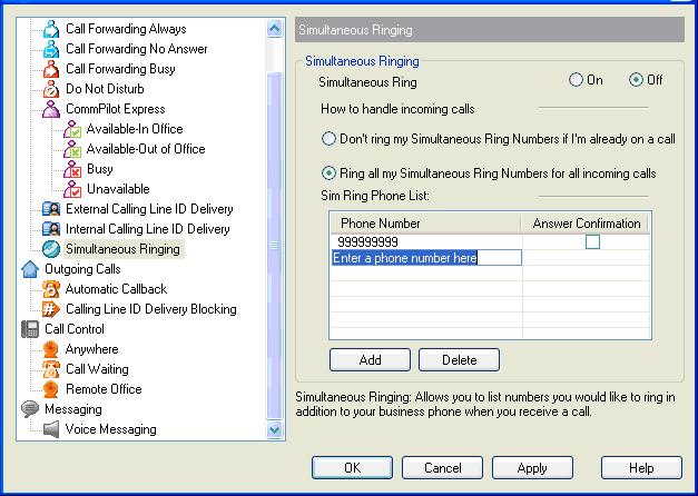 5.1.8 Simultaneous Ringing The Simultaneous Ringing service rings multiple phone numbers for each incoming call. Any of the phone numbers specified for this service may be used to answer those calls.