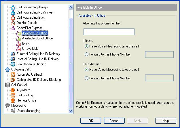 5.1.9.1 Available - In Office The Available In Office profile determines how incoming calls are handled when you are working at your desk.
