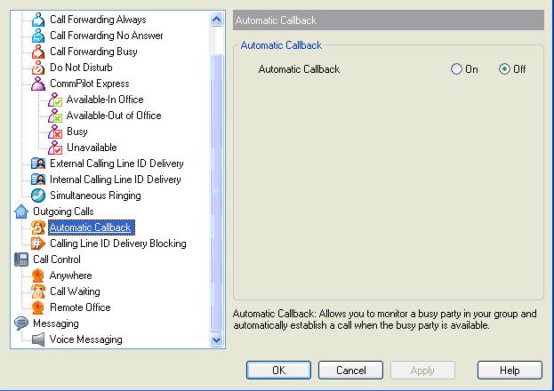 5.2 Outgoing Calls The Outgoing Calls pages in the Options dialog configure the services that apply to calls that you initiate. 5.2.1 Automatic Callback The Automatic Callback service allows you to