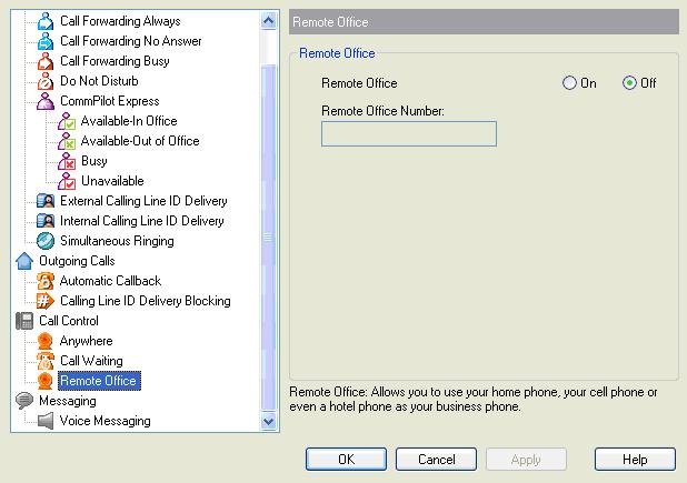 5.3.1 Remote Office The Remote Office service allows you to substitute a different phone number for your office phone number. You can open this page by clicking Remote Office on the toolbar.