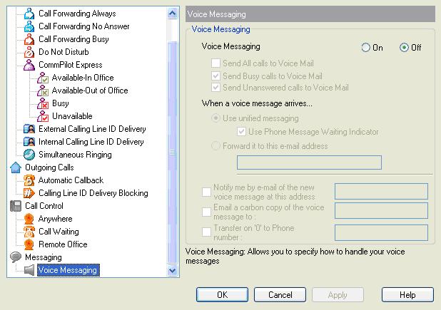 5.4 Messaging The Messaging pages in the Options dialog allow you to configure your Voice Messaging settings. 5.4.1 Voice Messaging The Voice Management page specifies how the system handles your voice messages.