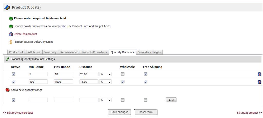 Categories & Products 35 Figure 2-11-1: Quantity Discounts 4. 2.2.6.2 Click Add button under Action to add a new quantity range.