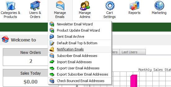 82 Your Cart User Manual v3.6 Figure 4-5-1: Notification Emails 2. The Notification Emails page will open, as shown in the Figure 4-5-2 below.