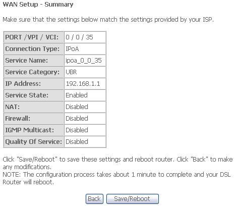 QUICK SETUP IPoA This summary window allows you to confirm the settings you have just made.