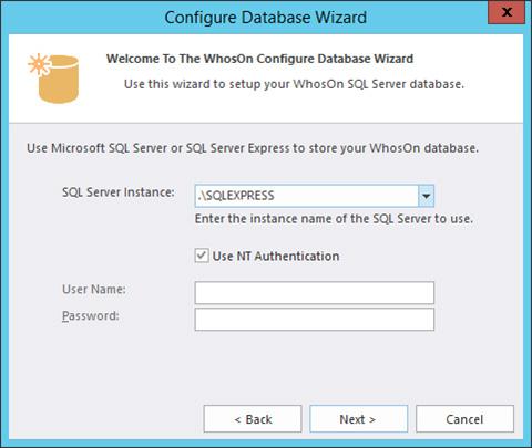 Installing and configuring WhosOn Installable Server 5 Next you will tell WhosOn which computer your SQL server will be on and give it credentials for authentication.