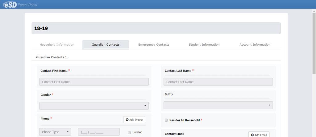 Guardian Contacts Tab Enter the requested information for the first parent/guardian in the household.