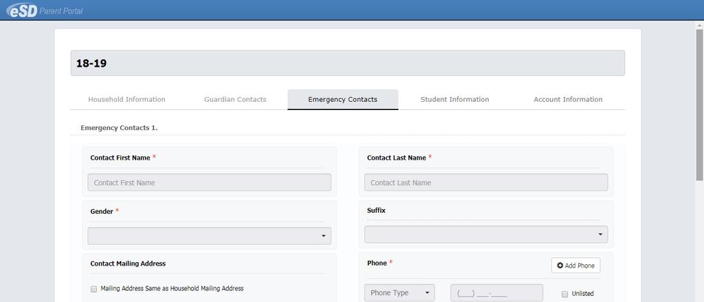 Emergency Contacts Tab Enter the requested information for the first emergency contact for the household.