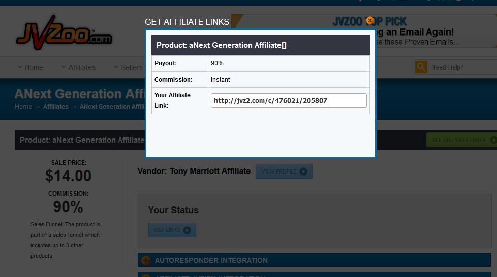 GET JVZOO AFFILIATE LINK APPROVAL Click the Request Affiliate Link URL to bring up the JVZOO page. You may need to login at this point.