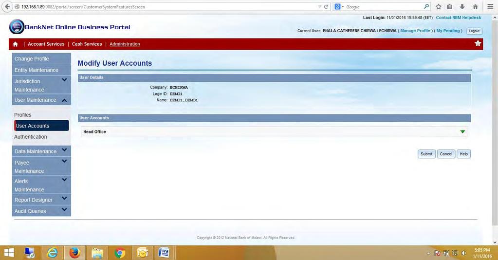 2. Click on the user you wish to assign account access rights to, the following screen will