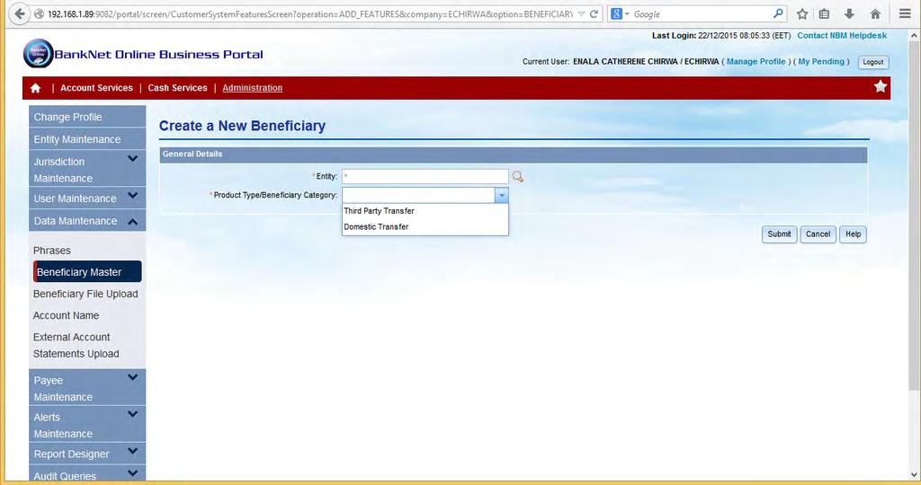 5. Complete the fields under Beneficiary Details as below and Click Submit to