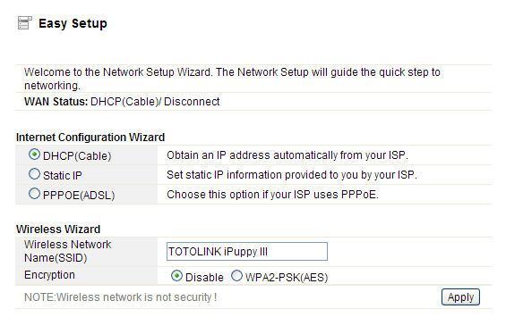 4.3 Easy Setup Easy Setup is provided as part of the web configuration utility. Users can simply finish the settings on this page to get the Wireless Router ready to access Internet. 4.3.1 Internet Configuration Wizard This part is used to configure the parameters for Internet network which connects to the WAN port of your Access Point.