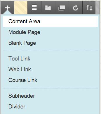 Adding Content Links: To add a content area, click the add (+) icon in the left of the tool bar. Click Content Area from the list of menu items to select it.