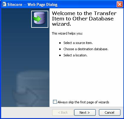 The wizard walks through the process of copying the item to the Web database.