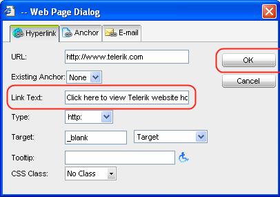 Select the Hyperlink Manager button available in the upper toolbar and the Hyperlink Manager dialog will appear. Fill in the fields with the appropriate values and click OK.