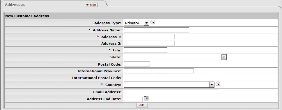 Only one address may be designated as the primary address. Address Type Address Name Address 1 Addresses tab definitions: Optional.