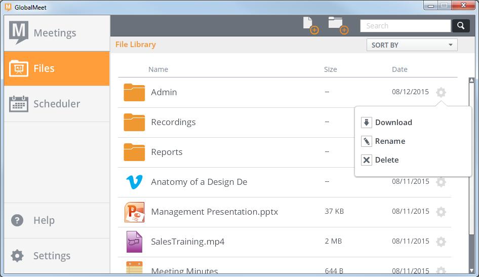 FILE LIBRARY (DESKTOP) You can manage your file library from the desktop app, without having to enter your meeting. Click the Files tab to view your files and folders.