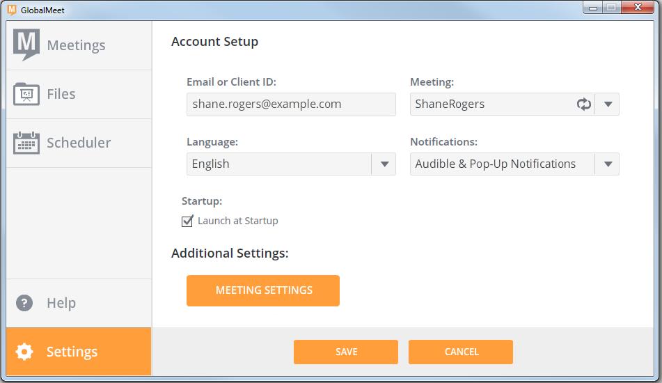 GLOBALMEET SETTINGS GLOBALMEET SETTINGS DESKTOP APP SETTINGS Click the Settings tab to open the Account Setup screen. From here, you can update your desktop app settings.