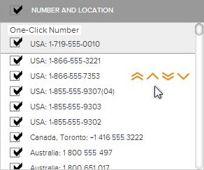 GLOBALMEET SETTINGS Select Numbers to Include in Invitations To choose the access numbers to include in meeting invitations and to set the default one-click access number for your audio conference,