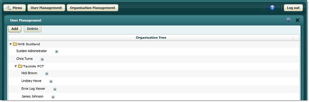 User Management - Organisation Tree Screen Purpose The User Management - Organisation Tree screen along with the User Management screen (page 22) allow you to view, set up and maintain Vision 360