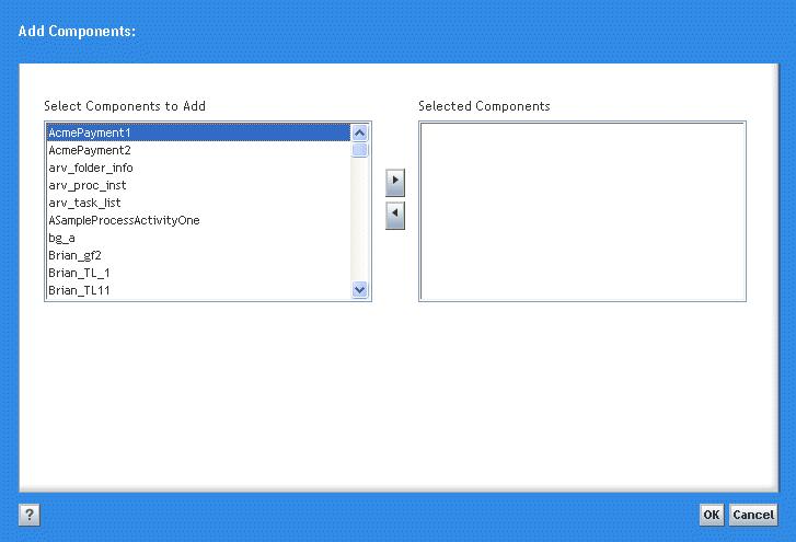 Configuring TaskSpace Components To add components: 1. Click Configuration. 2. Select the Components node. A list of components for this application appears. 3. Click Add.