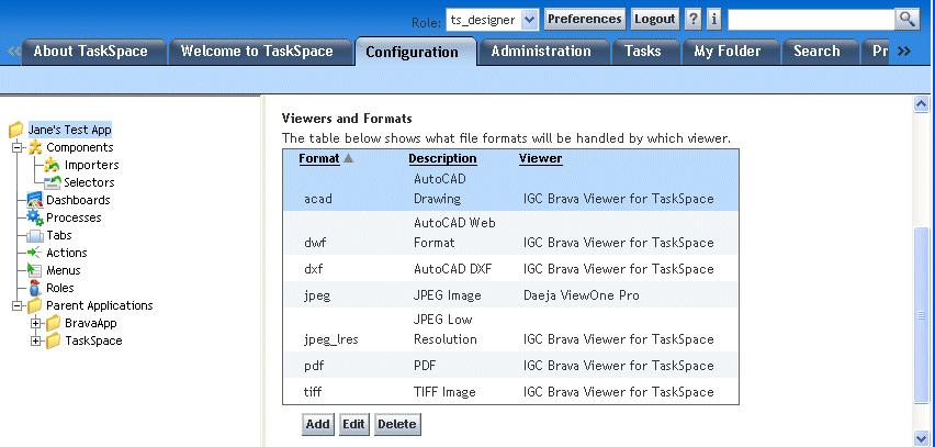 Configuring the User Interface 3. You can add a mapping: a. Click Add. The Add Format Viewer Mapping page appears. b. From the Format Name list box, select a format. c. From the Viewer Name list box, select the viewer to associate with the selected format.